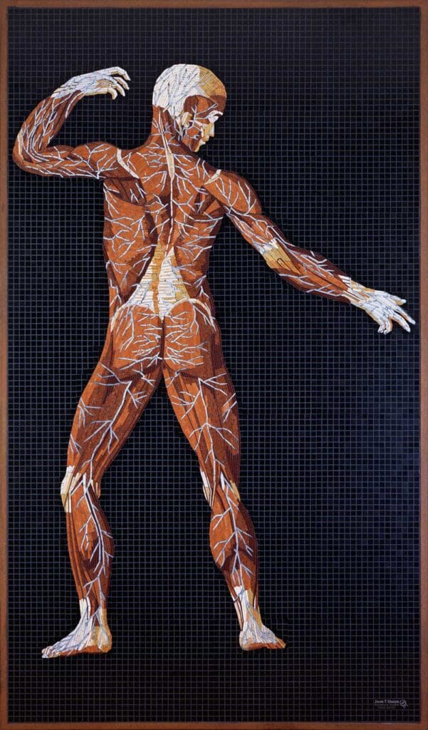 Marble Mosaic of Table 23 of Eustachi's Tabulae anatomicae, finished, in frame.