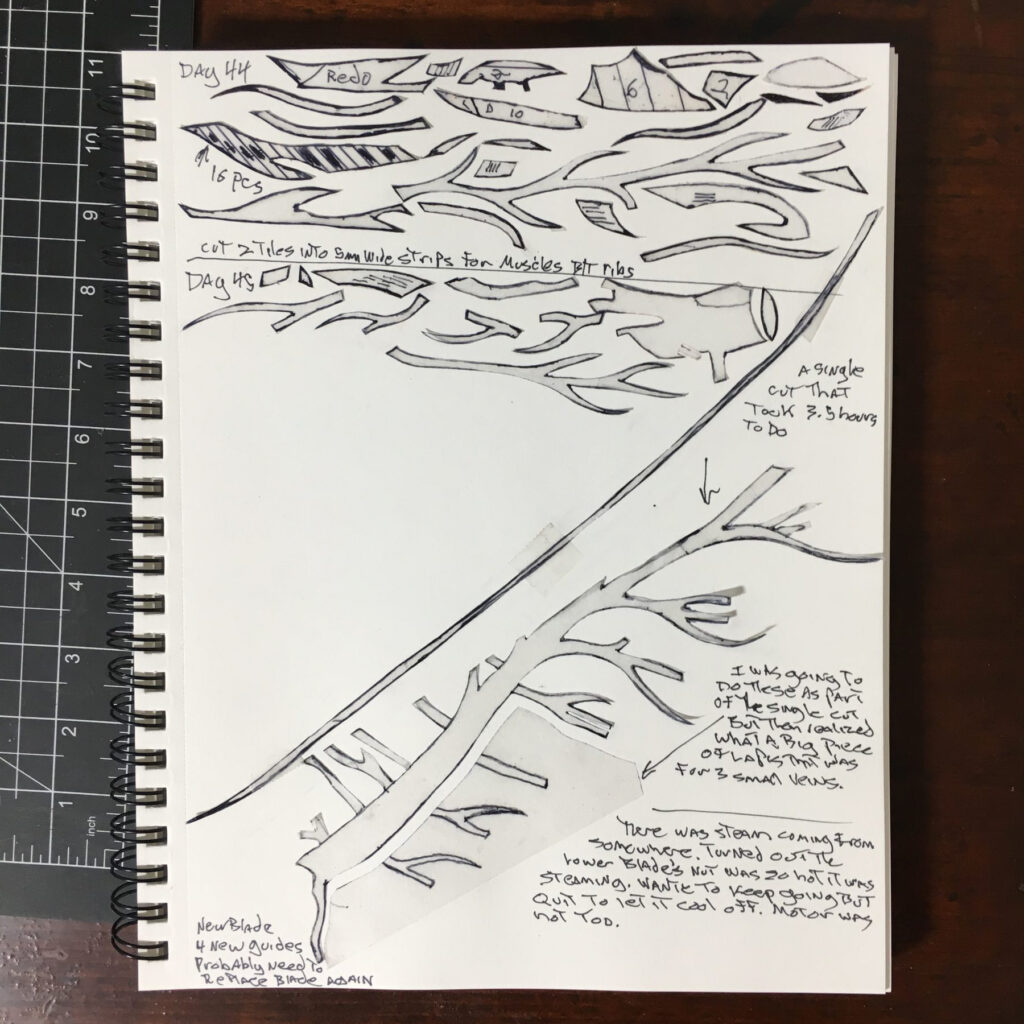A bound book holding preserved tape drawings, tile counts, and process notes from the project