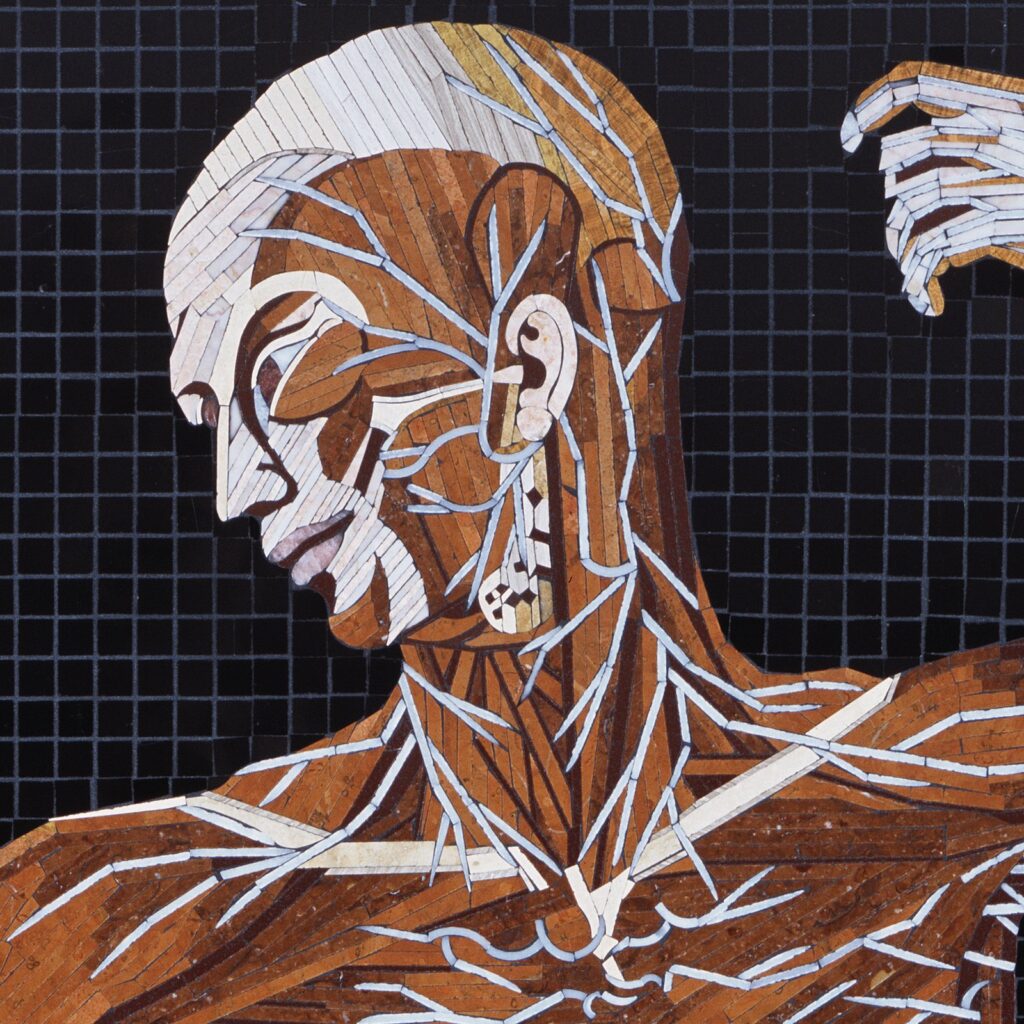 Detail of a marble mosaic showing nerves in white marble crossing the muscles of the head, neck, and shoulder, from Anatomy Set in Stone Table 21, 2018, by Rachael Que Vargas